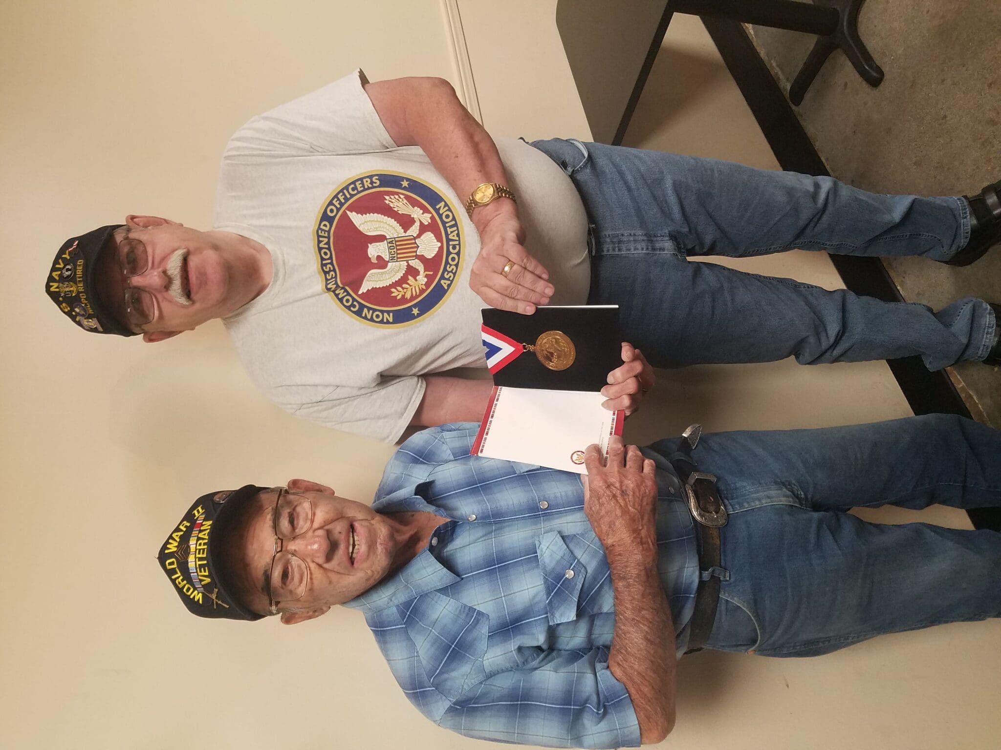 Rogue Chapter Chairman presented an NCOA World War Two Medallion to Army veteran Harry Howard at a recent veteran breakfast gathering.