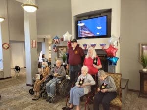 Chairman Haines presenting WW2 medallions to USN vet Helen Fairley, USMC vet Ben Martens, Elise Armour widow of USAF Vet Richard Armour, Mary Bradford, widow of Army vet Edward Bradford J