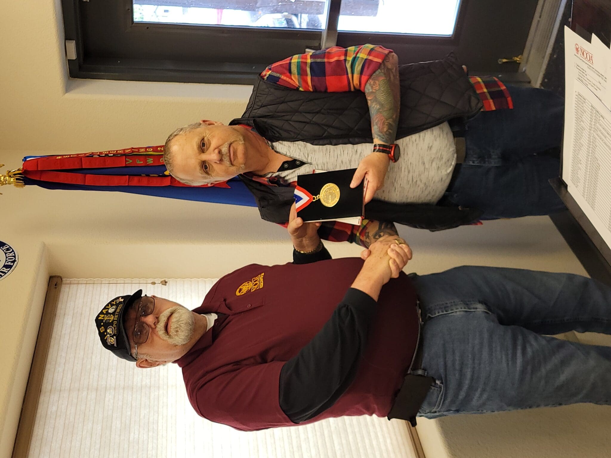Chairman Terry Haines presents WW2 Medallion to Rogue Chapter trustee Paul Mills, son of Army veteran Scott Mills at our monthly Executive meeting.
